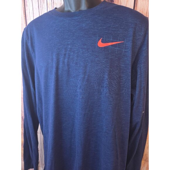 Nike Mens Dri-Fit Long-Sleeve Tee Shirt Large Blue - Red Swoosh Logo & Pocket - Picture 3 of 8